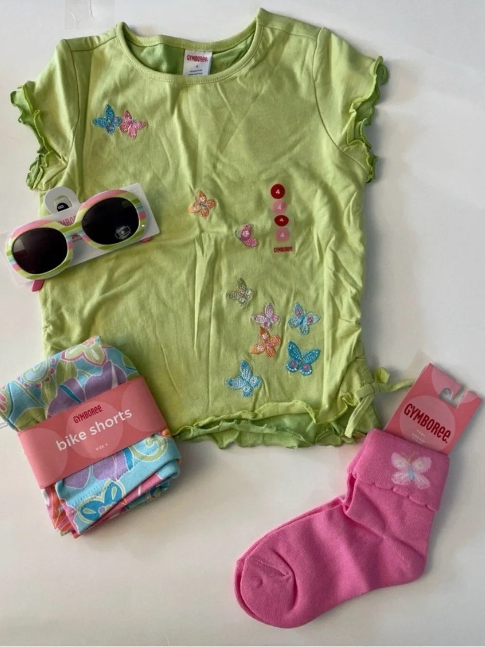 NWT Gymboree 2006 Butterfly Ruffle layer Sleeve Tee Bike Short Sunglasses Sock